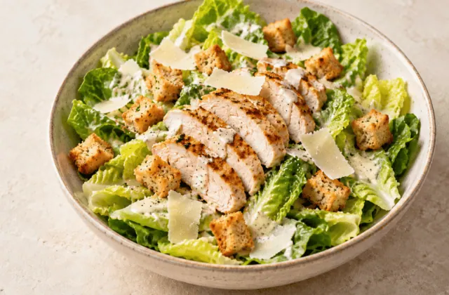 Salade César au poulet avec romaine, croûtons et parmesan