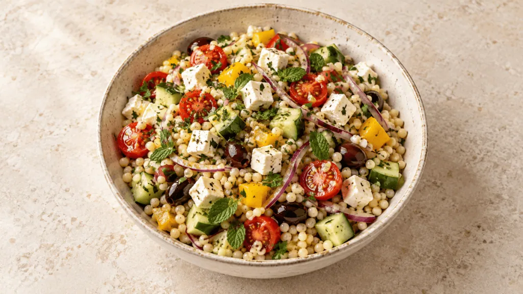 Salade de couscous perlé, feta, tomates, concombre et olives