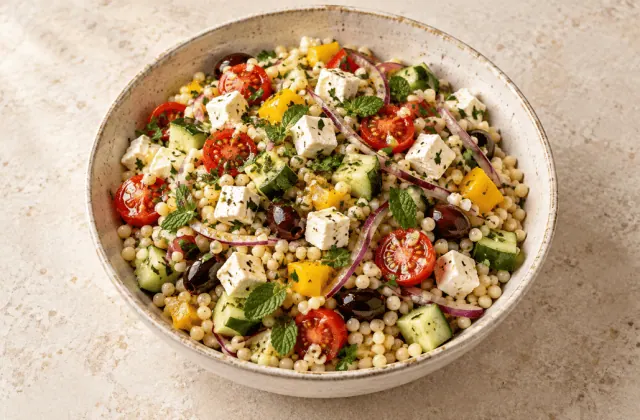 Salade de couscous perlé, feta, tomates, concombre et olives