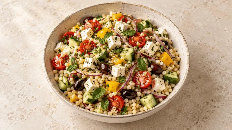Salade de couscous perlé, feta, tomates, concombre et olives