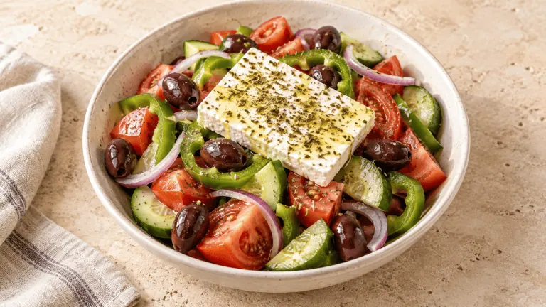 Salade grecque aux tomates, concombre, poivron, olives et feta