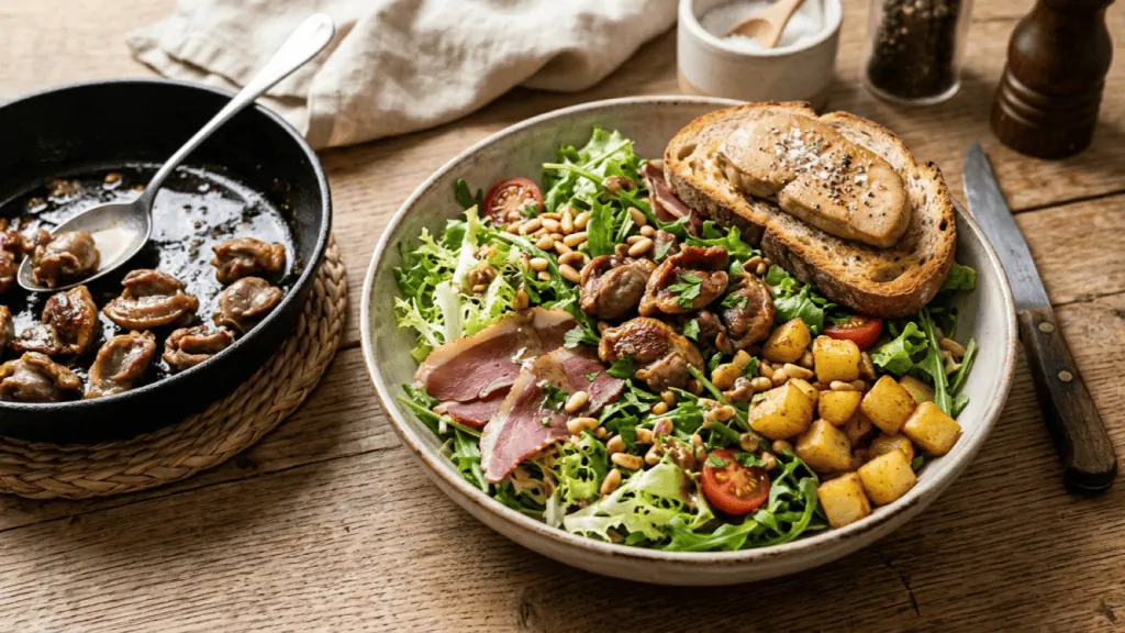 Salade landaise aux gésiers confits, magret séché, pommes de terre sautées, pignons et toast de foie gras