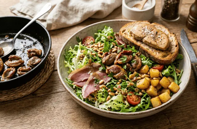 Salade landaise aux gésiers confits, magret séché, pommes de terre sautées, pignons et toast de foie gras