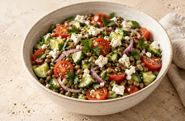 Salade de lentilles vertes, feta, tomates, concombre et persil