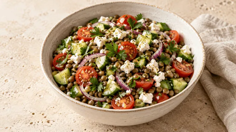 Salade de lentilles vertes, feta, tomates, concombre et persil