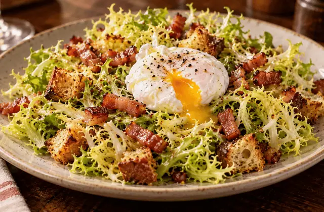 Salade lyonnaise aux lardons, croûtons et œuf poché