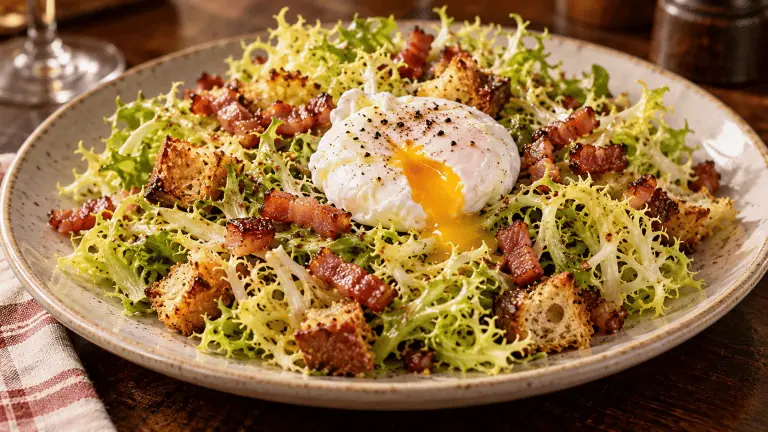 Salade lyonnaise aux lardons, croûtons et œuf poché