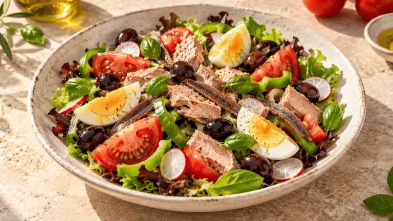 Salade niçoise avec tomate, thon, œuf dur, anchois, olives noires, poivron et basilic