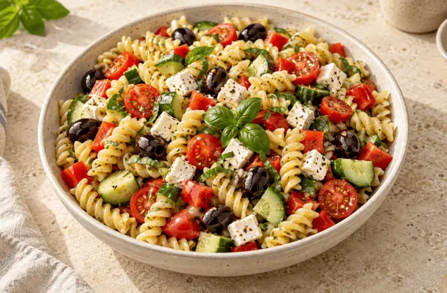 Salade de pâtes méditerranéenne aux tomates, concombre, feta et olives