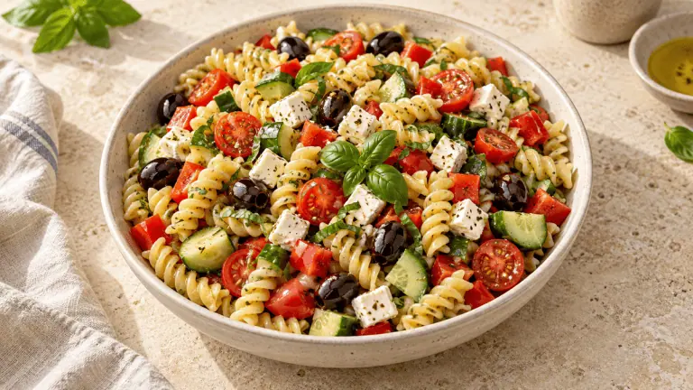 Salade de pâtes méditerranéenne aux tomates, concombre, feta et olives