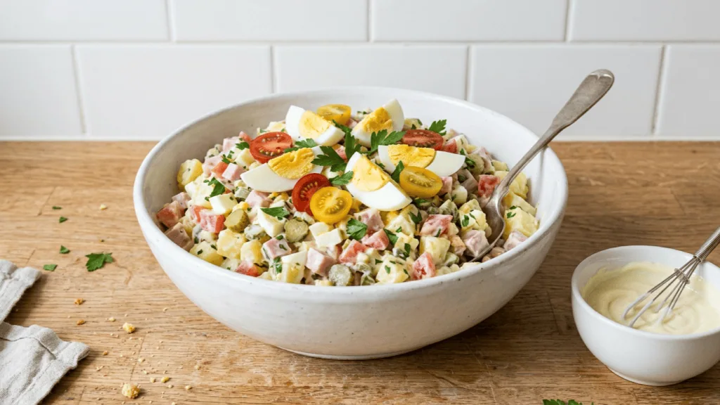 Salade piémontaise maison dans un grand saladier : pommes de terre, jambon, œufs durs, tomates, cornichons et mayonnaise