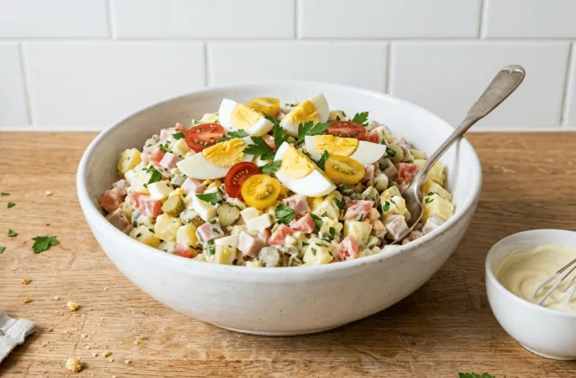 Salade piémontaise maison dans un grand saladier : pommes de terre, jambon, œufs durs, tomates, cornichons et mayonnaise