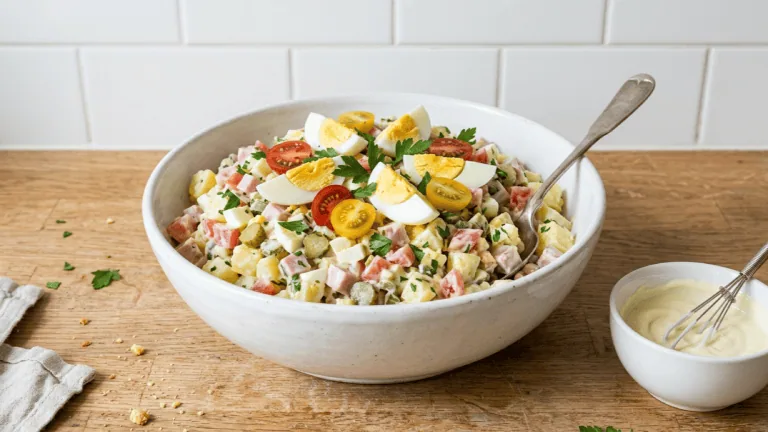 Salade piémontaise maison dans un grand saladier : pommes de terre, jambon, œufs durs, tomates, cornichons et mayonnaise
