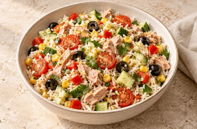 Salade de riz au thon, tomates, concombre, maïs et olives