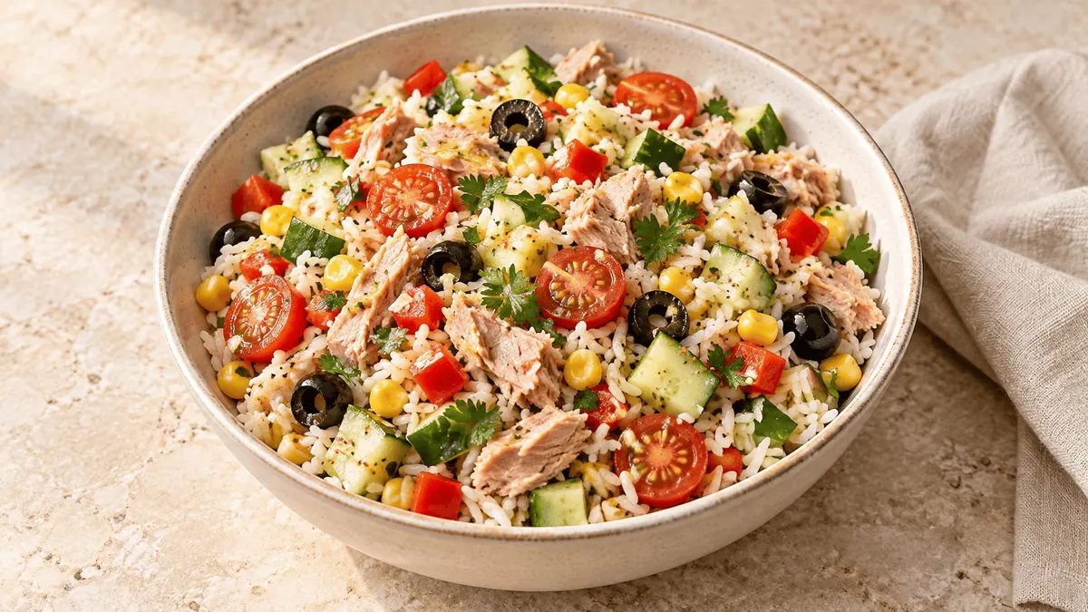 Salade de riz au thon, tomates, concombre, maïs et olives