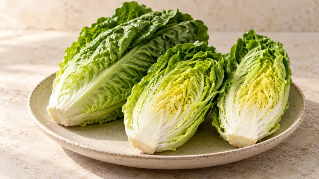 Cœurs de salade romaine entiers et coupés sur une assiette en grès clair