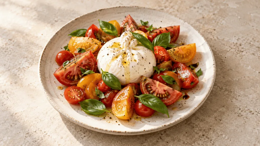 Salade de tomates anciennes, burrata et basilic