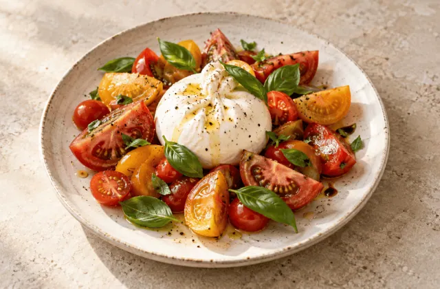 Salade de tomates anciennes, burrata et basilic