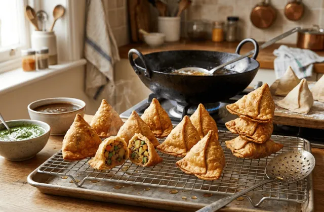 Samoussas aux légumes maison égouttés sur une grille, chutneys menthe et tamarin, wok de friture derrière