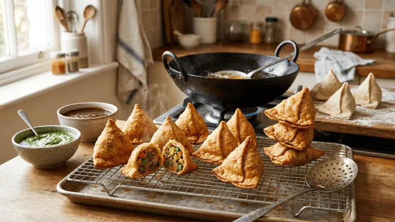 Samoussas aux légumes maison égouttés sur une grille, chutneys menthe et tamarin, wok de friture derrière