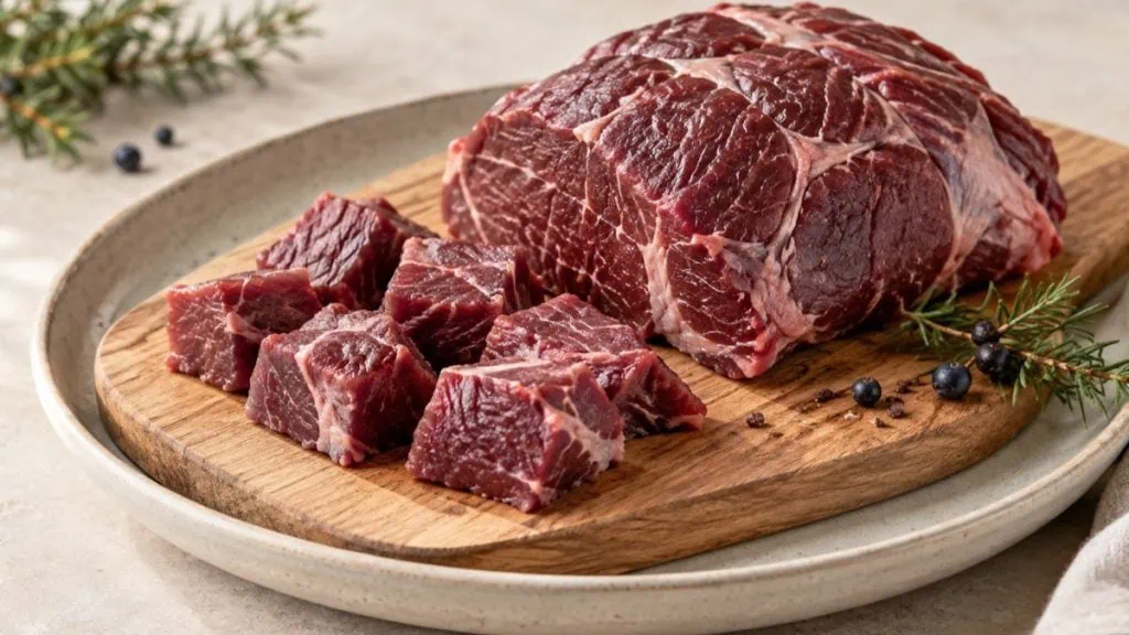 Viande de sanglier crue en rôti et en cubes sur une planche