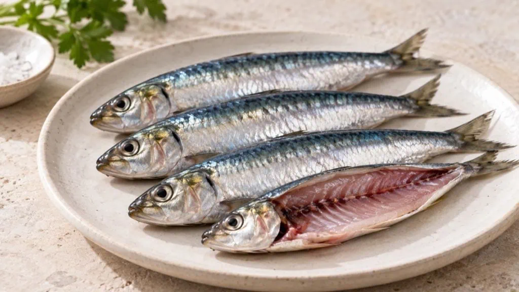 Sardines fraîches entières et ouverte sur un plat clair