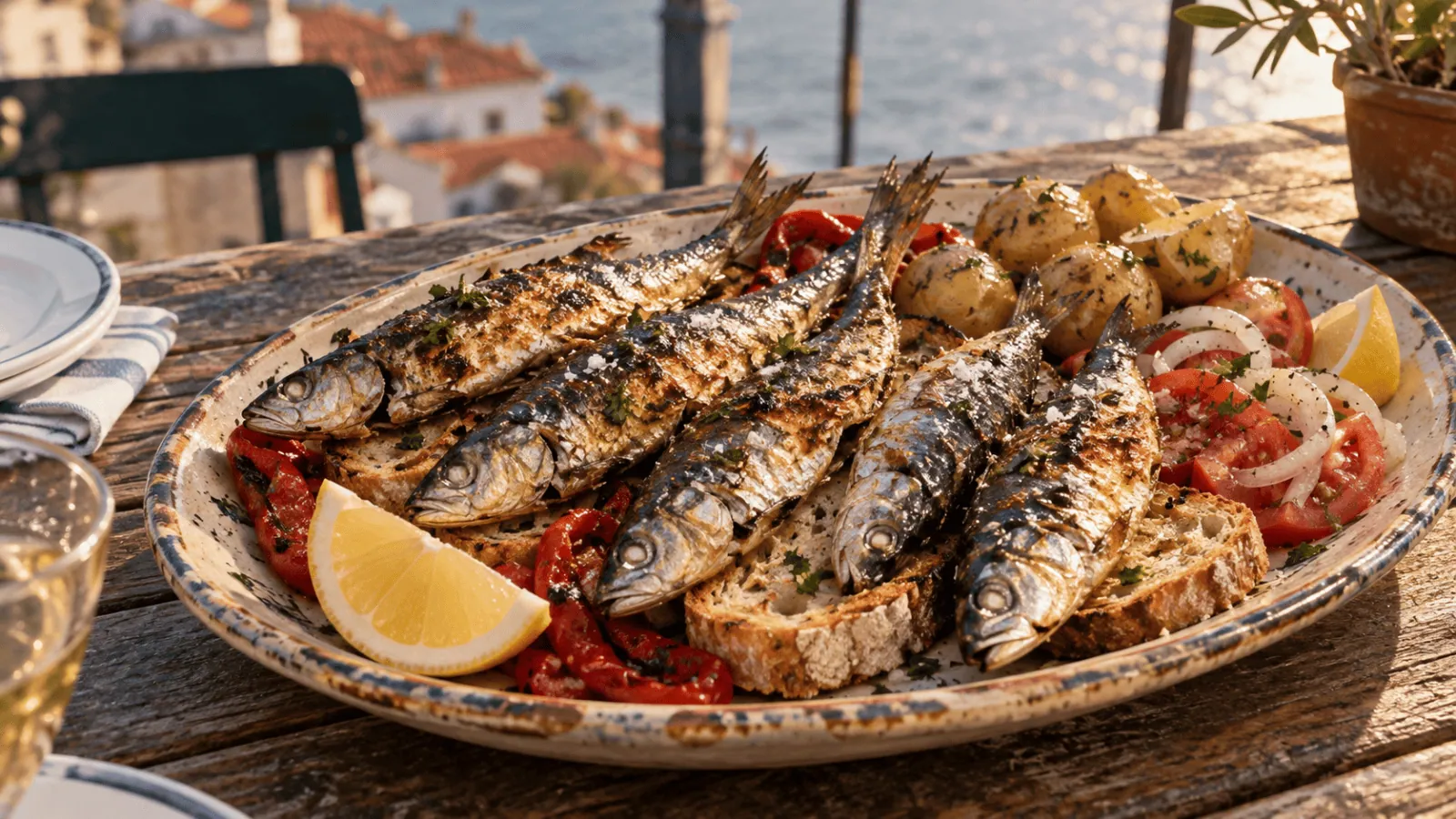 Sardines grillées servies sur du pain avec pommes de terre, poivrons et salade