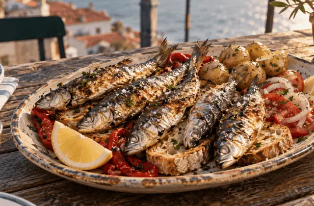 Sardines grillées servies sur du pain avec pommes de terre, poivrons et salade