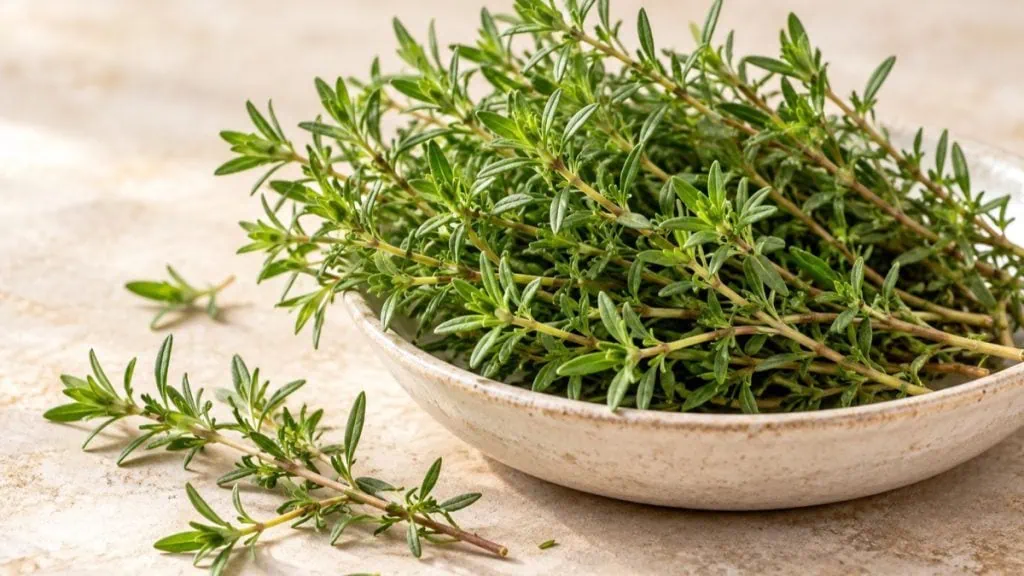 Brins frais de sarriette dans une coupelle en grès