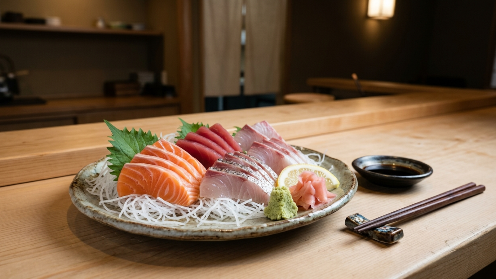 Assortiment de sashimis : saumon, thon et daurade tranchés sur daikon râpé, feuille de shiso, wasabi, gingembre mariné et sauce soja