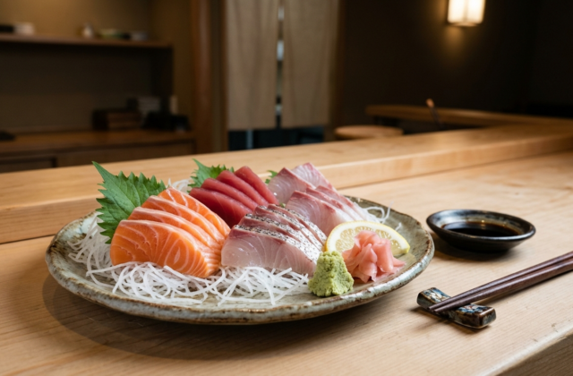 Assortiment de sashimis : saumon, thon et daurade tranchés sur daikon râpé, feuille de shiso, wasabi, gingembre mariné et sauce soja
