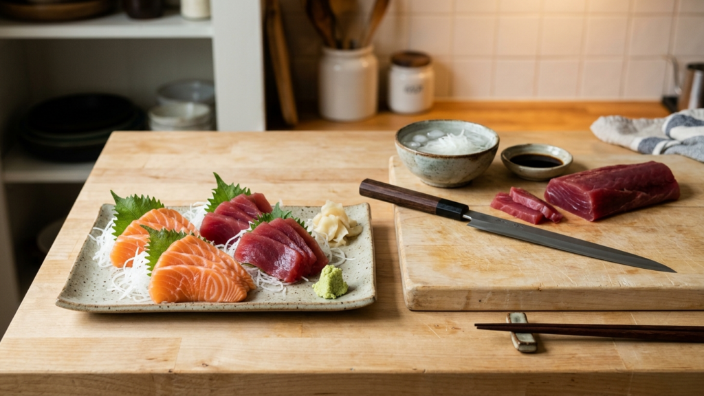 Sashimis de saumon et de thon faits maison, dressés sur daikon, bloc de thon et yanagiba sur la planche