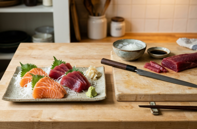 Sashimis de saumon et de thon faits maison, dressés sur daikon, bloc de thon et yanagiba sur la planche