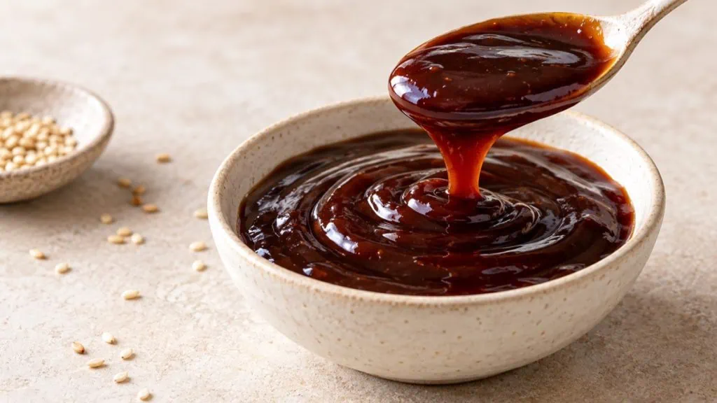 Sauce hoisin épaisse brun acajou dans un bol en grès