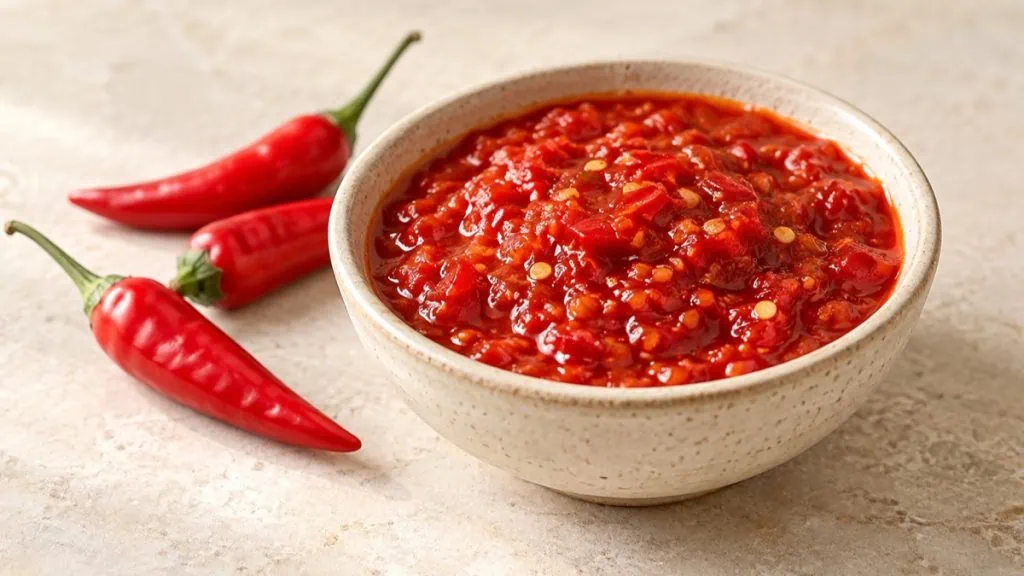 Sauce pimentée rouge artisanale avec piments frais