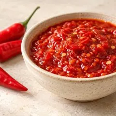 Sauce pimentée rouge artisanale avec piments frais