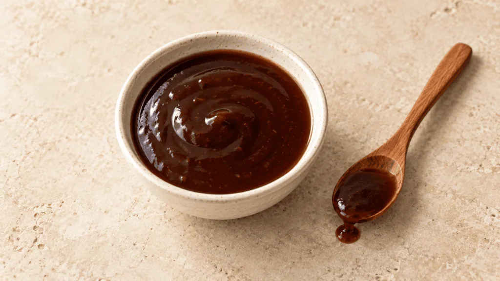 Sauce tonkatsu brune et épaisse dans un bol en céramique claire