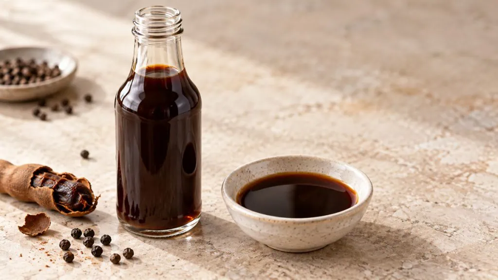 Sauce Worcestershire brun foncé dans une bouteille neutre et une coupelle