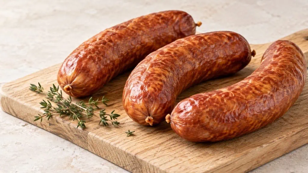 Saucisses de Montbéliard fumées sur une planche en bois