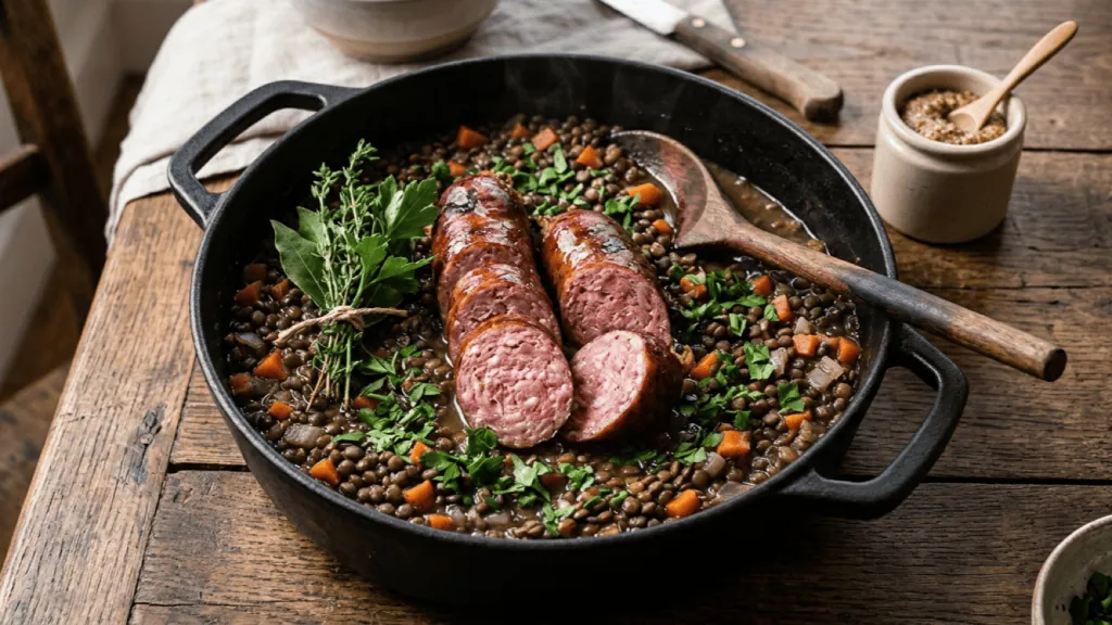 Saucisse de Morteau aux lentilles vertes en cocotte, tranches épaisses fumées, carottes et bouquet garni, moutarde