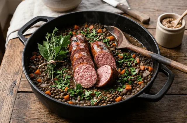Saucisse de Morteau aux lentilles vertes en cocotte, tranches épaisses fumées, carottes et bouquet garni, moutarde