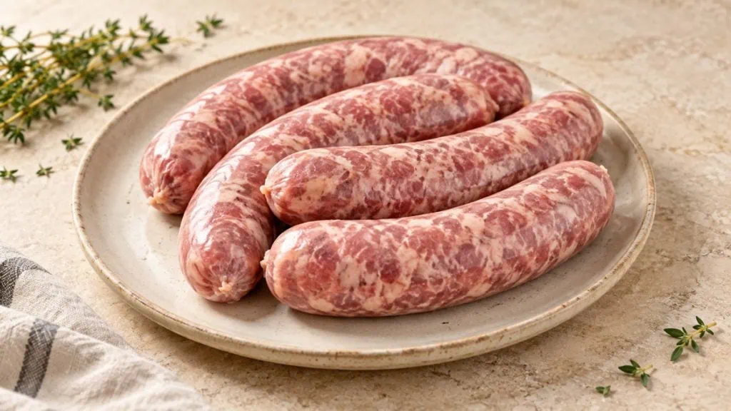Saucisses de porc fraîches sur une assiette en grès