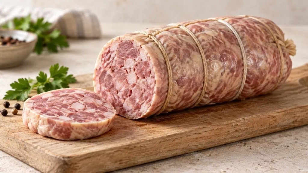 Saucisson à cuire cru ficelé avec une tranche