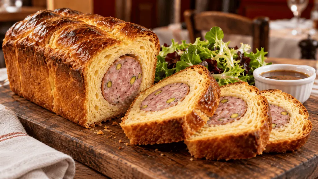 Saucisson brioché pistaché tranché avec salade et sauce