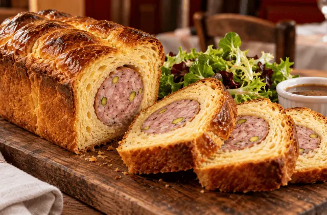 Saucisson brioché pistaché tranché avec salade et sauce