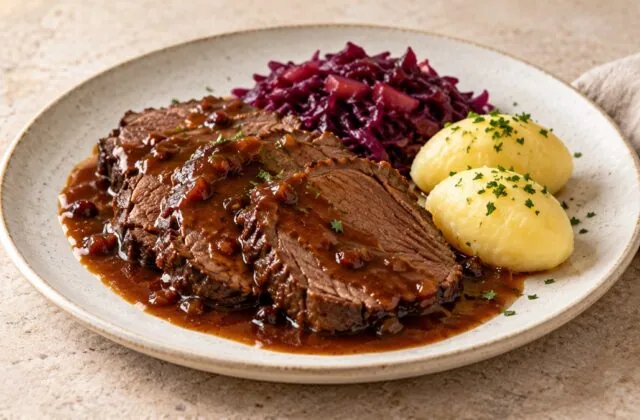 Sauerbraten rhénan tranché avec sauce, chou rouge et quenelles de pomme de terre