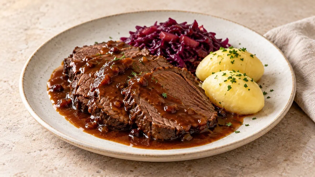 Sauerbraten rhénan tranché avec sauce, chou rouge et quenelles de pomme de terre