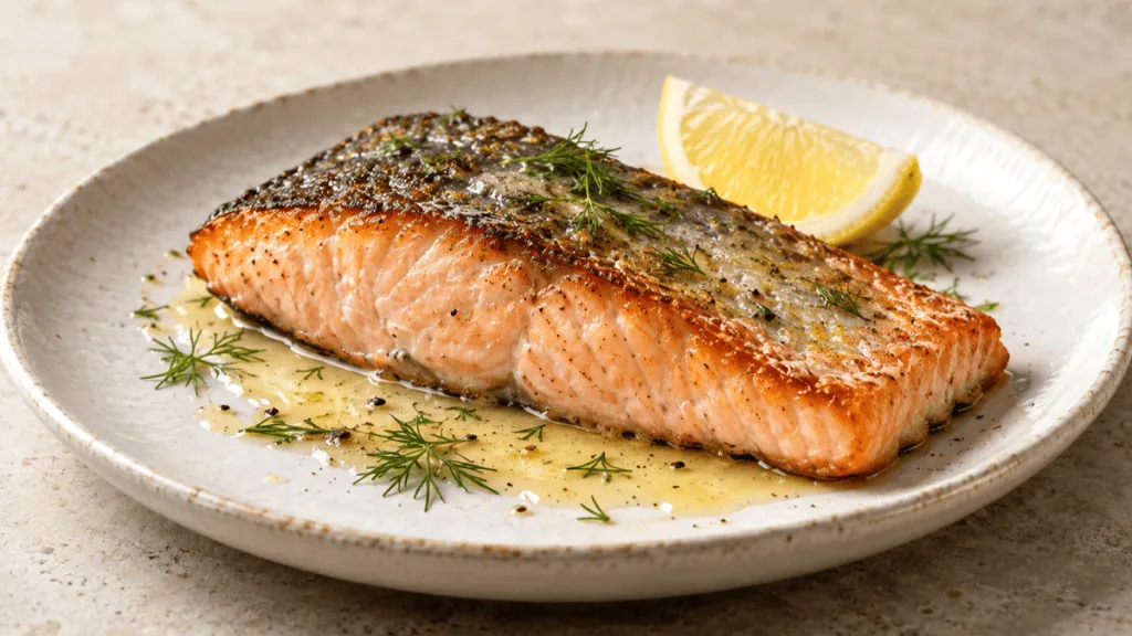 Pavé de saumon poêlé avec peau croustillante, citron et aneth