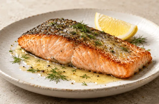 Pavé de saumon poêlé avec peau croustillante, citron et aneth