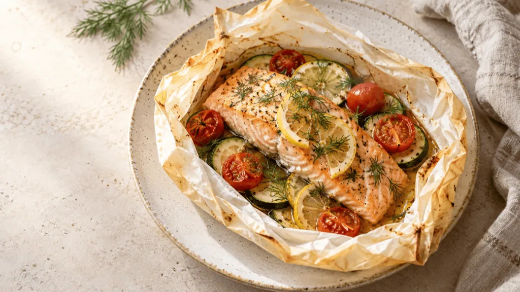 Pavé de saumon en papillote avec courgette, tomates, citron et aneth